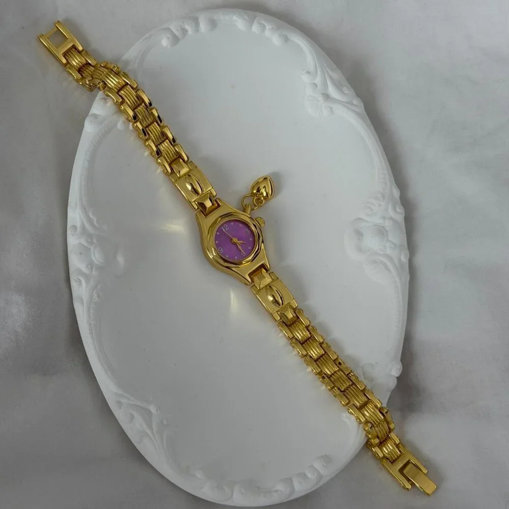 Sku:0480 vintage vibe Gold/Purple Mini watch pendant‎ Stainless steel+gift bag